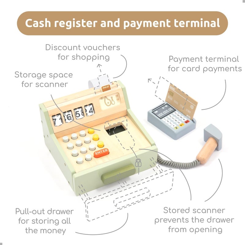 umu ® Wooden Cash Register for Kids - Includes Accessories (Scanner, Payment Terminal, Play Money, etc.), Role Play Shop & Accessories for Children Ages 3 4 5 6 - Image 4